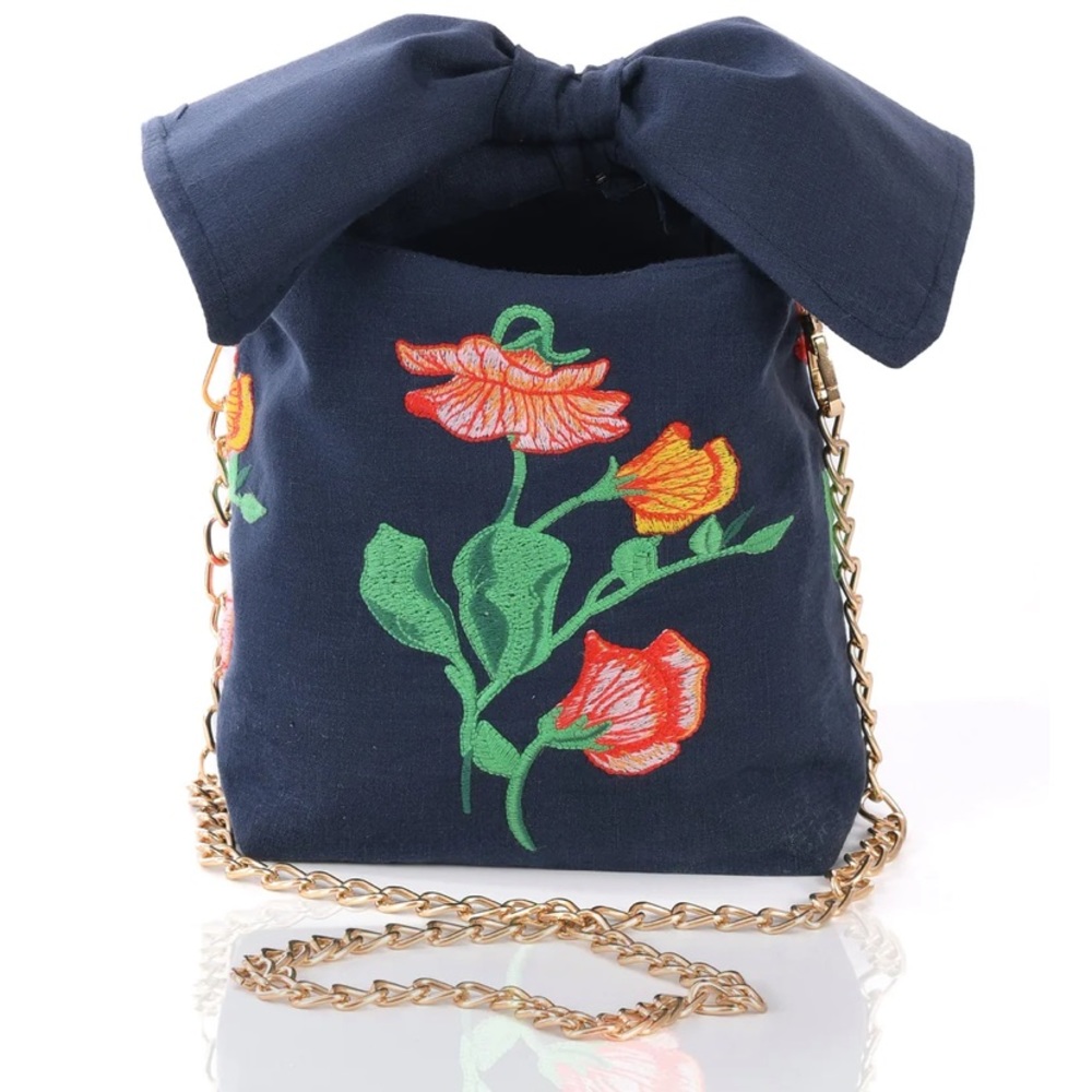 Fanm Mon navy pouchette floral embroidered mini crossbody bucket bag 990